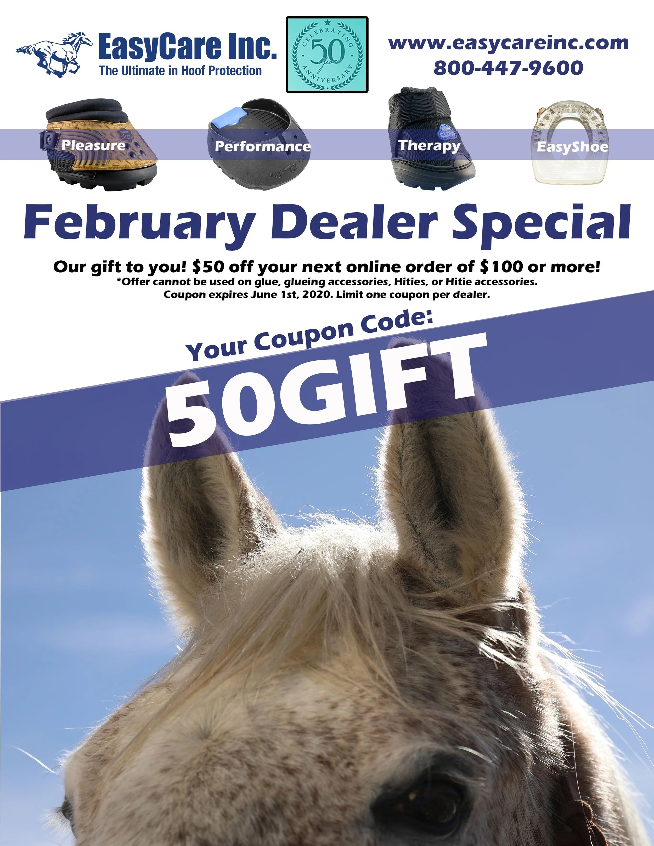 Close-up of a foal's head with ears pointing upward, against a blue sky, with a promotional banner for EasyCare Inc. featuring hoof protection products.