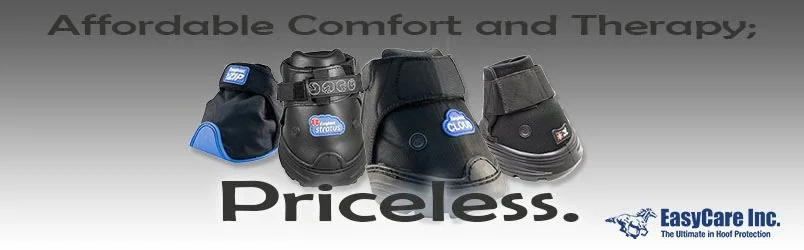 A row of four different types of protective footwear for hoofed animals, with the text 'Affordable Comfort and Therapy,' and the logo of EasyCare Inc. at the bottom right.