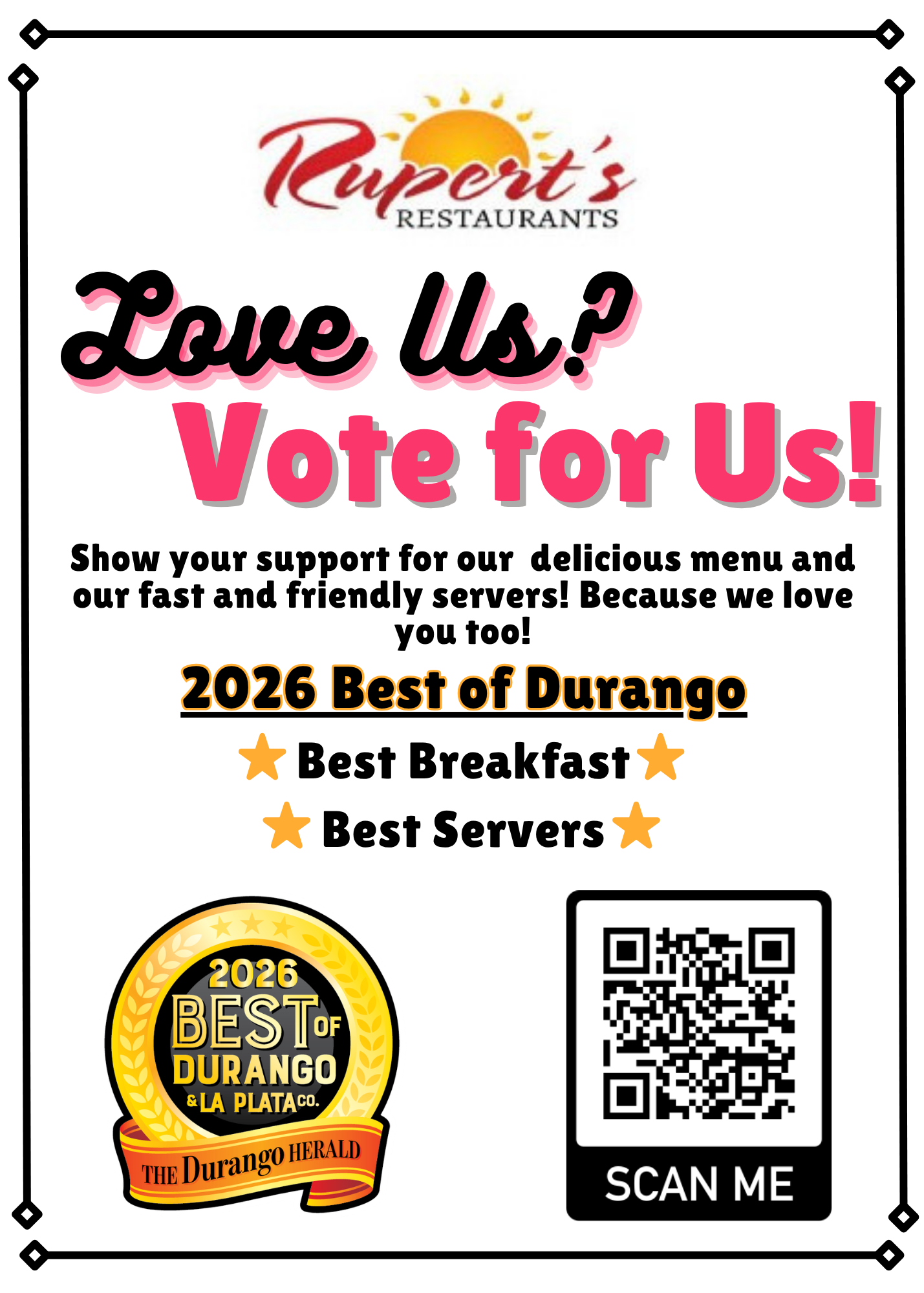 A promotional flyer for Ruppert's Restaurants featuring text encouraging people to vote for their menu and service awards, with a gold badge highlighting the 2026 Best of Durango awards, a QR code for scanning, and decorative borders.