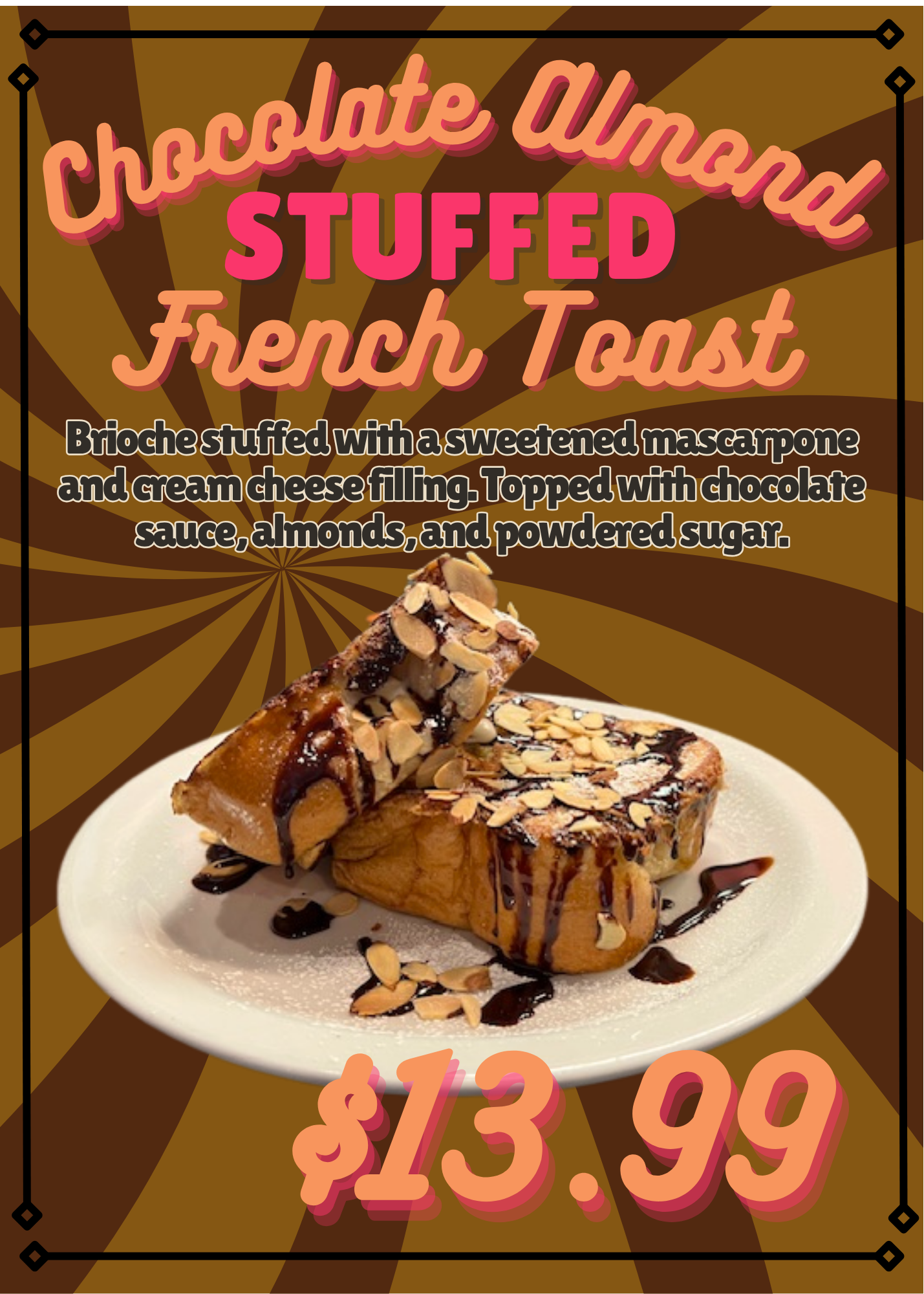 Plate of French toast with whipped mascarpone, chocolate sauce, and sliced almonds.