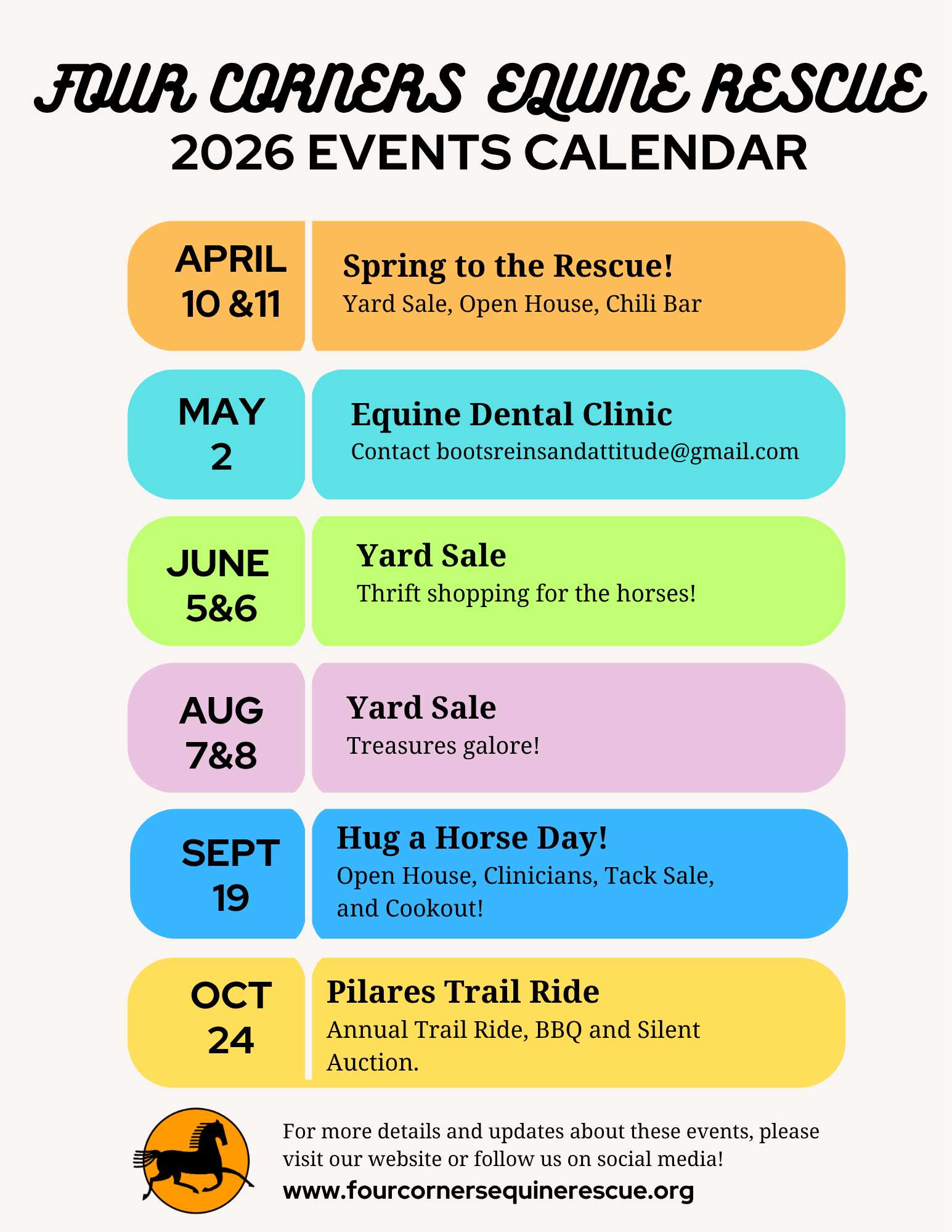 A colorful event calendar for the year 2026, listing various horse rescue events including yard sales, clinics, trail rides, and fundraisers from April to October, with descriptions and contact information.