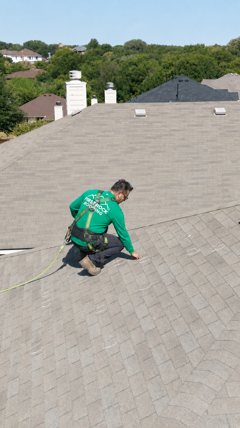 irst Rock Roofing technician marking hail damage during a roof inspection in Dallas–Fort Worth, TX