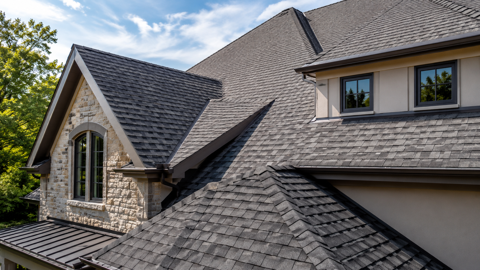 Multi-gable asphalt shingle roof with stone dormer and copper gutters on a Dallas–Fort Worth home