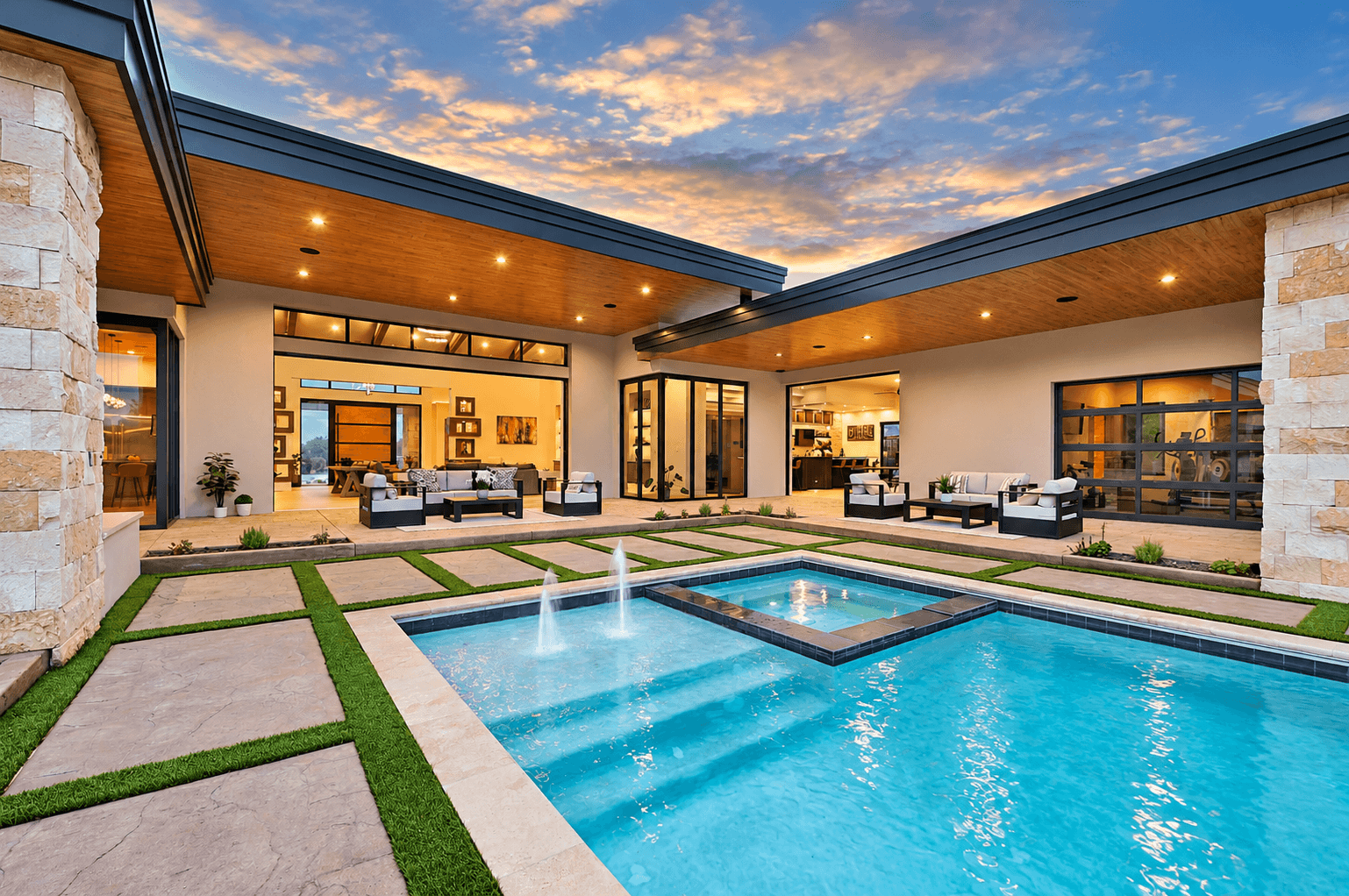 Modern backyard with swimming pool, outdoor seating, and an open-concept house with large glass doors and windows at sunset.