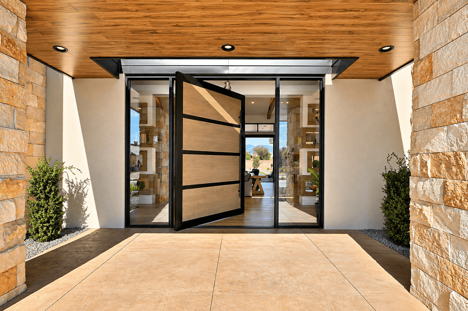 Modern entryway with double glass doors, stone walls, wooden ceiling, and potted plants