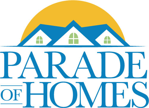 Logo for Parade of Homes featuring stylized houses with triangular roofs, window details, and a large yellow sun background.