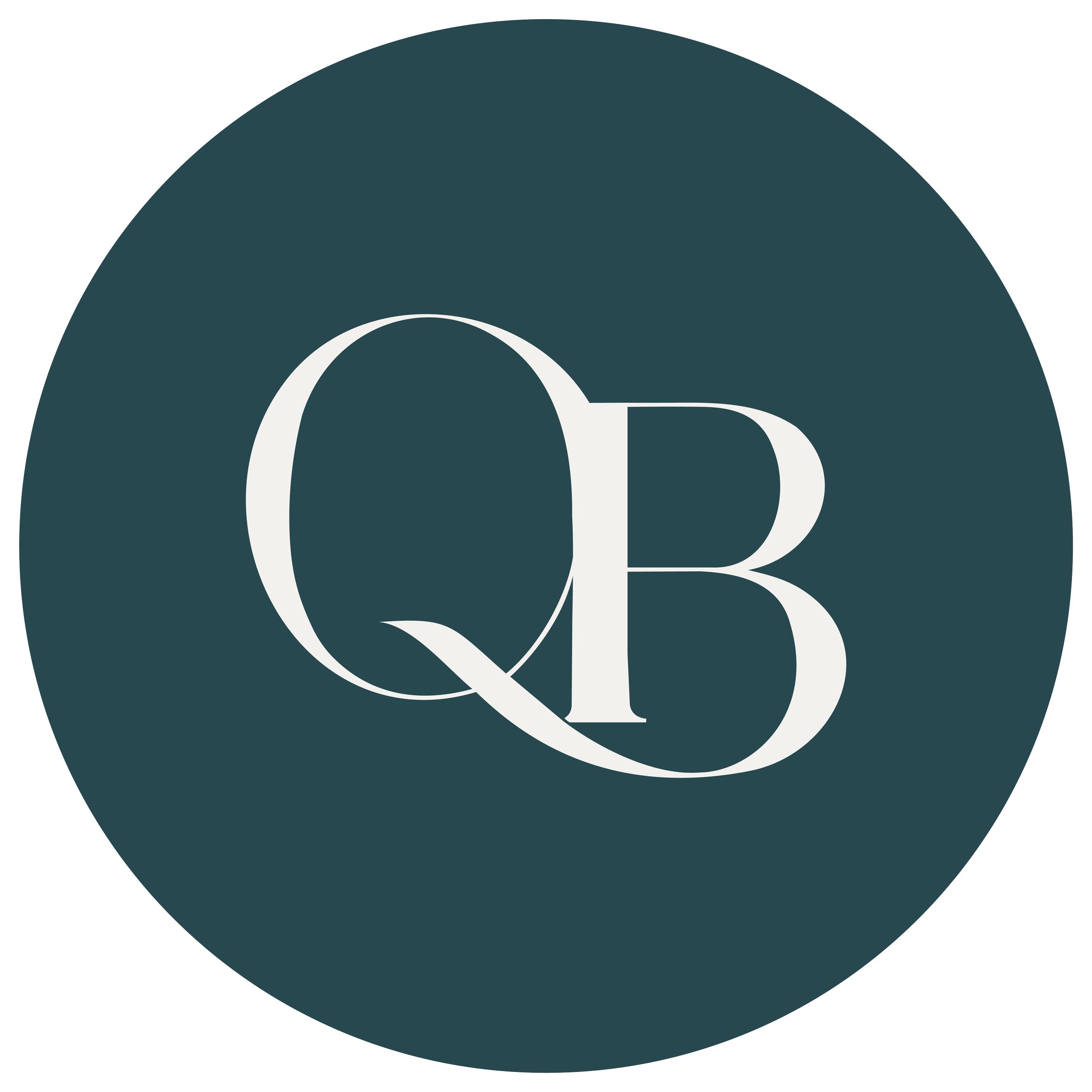 Close-up of a minimalistic logo design with a dark teal circular background featuring large white letters 'QB'