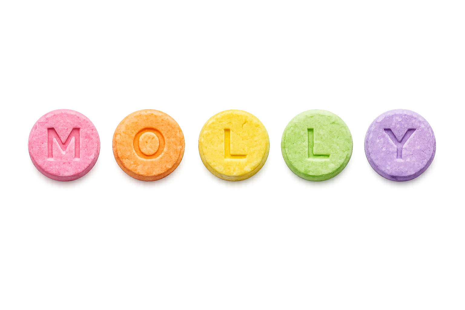Colorful candy pills spelling out the word 'MOLLY' against a dark background.