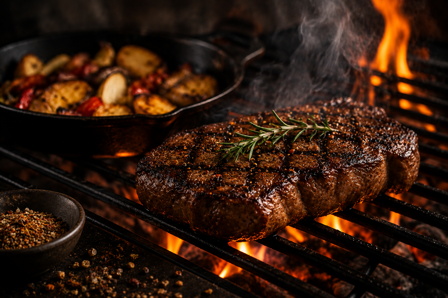 A thick, seasoned steak with grill marks and a sprig of rosemary on top cooking on a barbecue grill over open flames, with a cast iron skillet of roasted vegetables in the background and a small bowl of peppercorns and spices nearby.