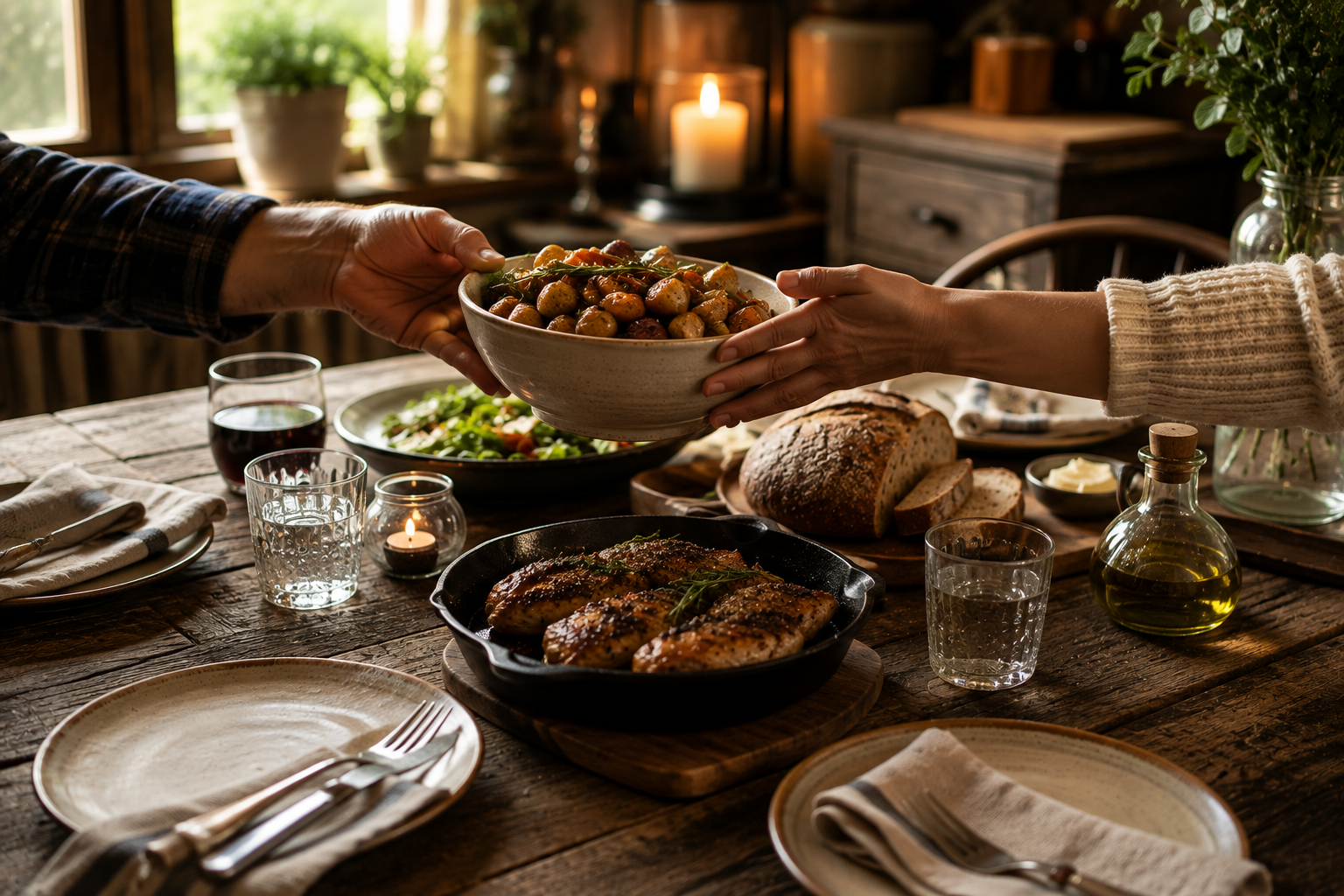 People exchanging a bowl of roasted fingerling potatoes over a rustic dinner table with grilled chicken, bread, salad, and drinks.