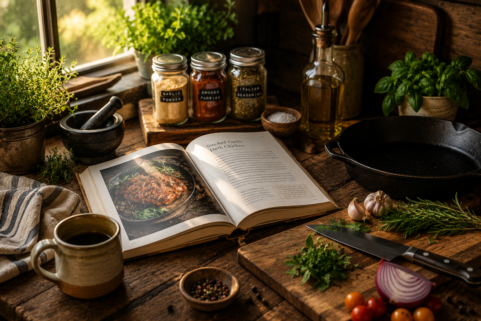 Kitchen counter with an open recipe book for smoked garlic herb chicken, surrounded by herbs, garlic, cherry tomatoes, spices, and kitchen utensils, with sunlight coming through a window.