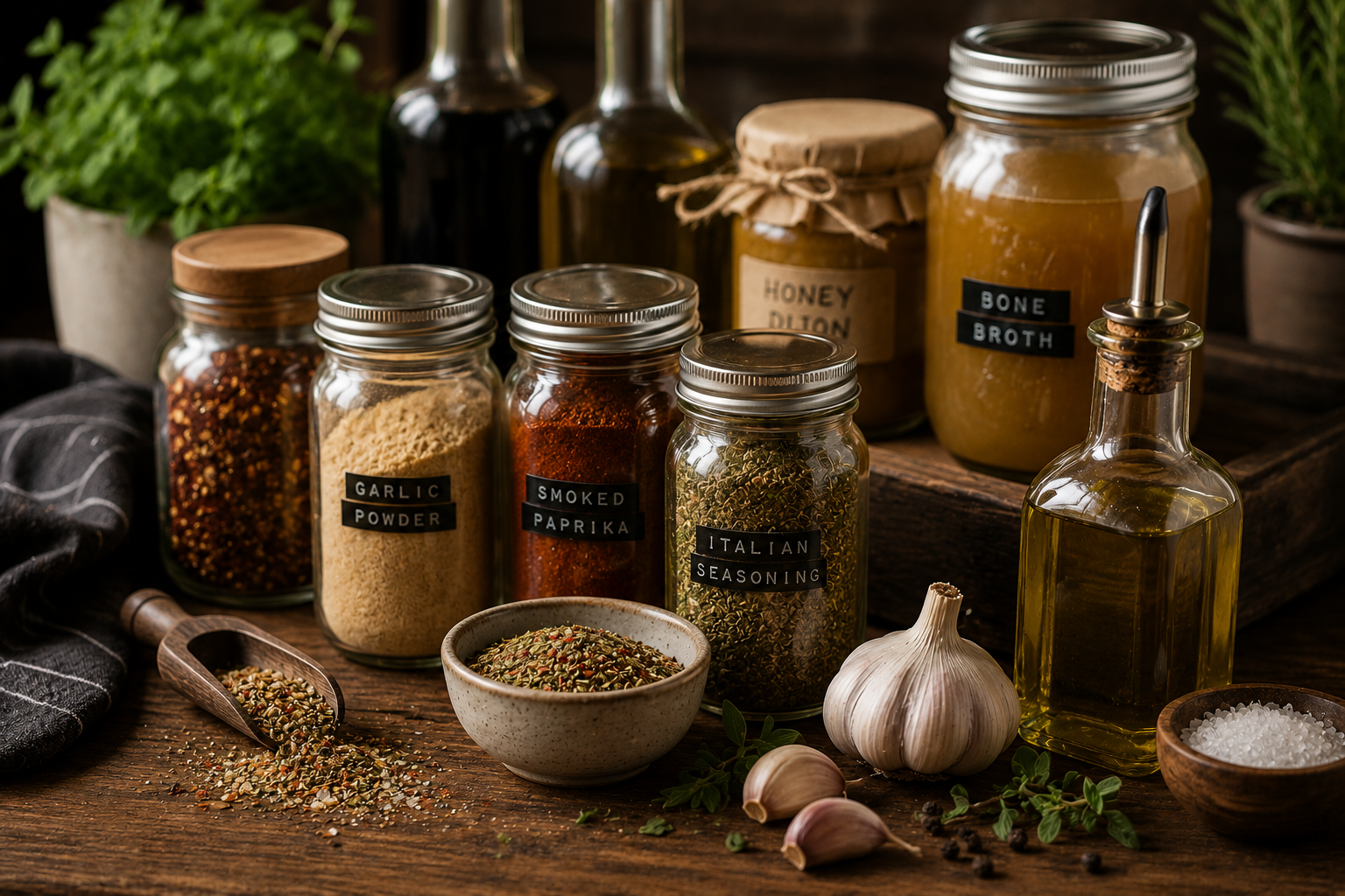 Assorted seasonings and ingredients for cooking, including jars of garlic powder, smoked paprika, Italian seasoning, honey Dijon, and bone broth, along with garlic cloves, salt, and herbs on a wooden surface.