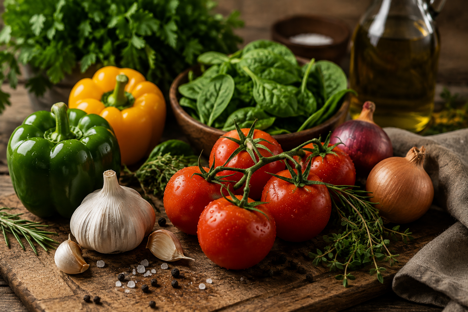 Fresh vegetables including red and yellow bell peppers, cherry tomatoes, garlic, onions, leafy greens, and herbs on a rustic wooden surface with salt, pepper, and a bottle of oil.
