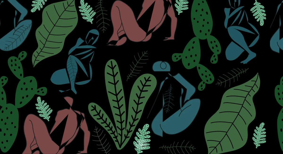 Pattern of stylized human figures, various leaves, cacti, and ferns in shades of green, blue, and brown on a black background.