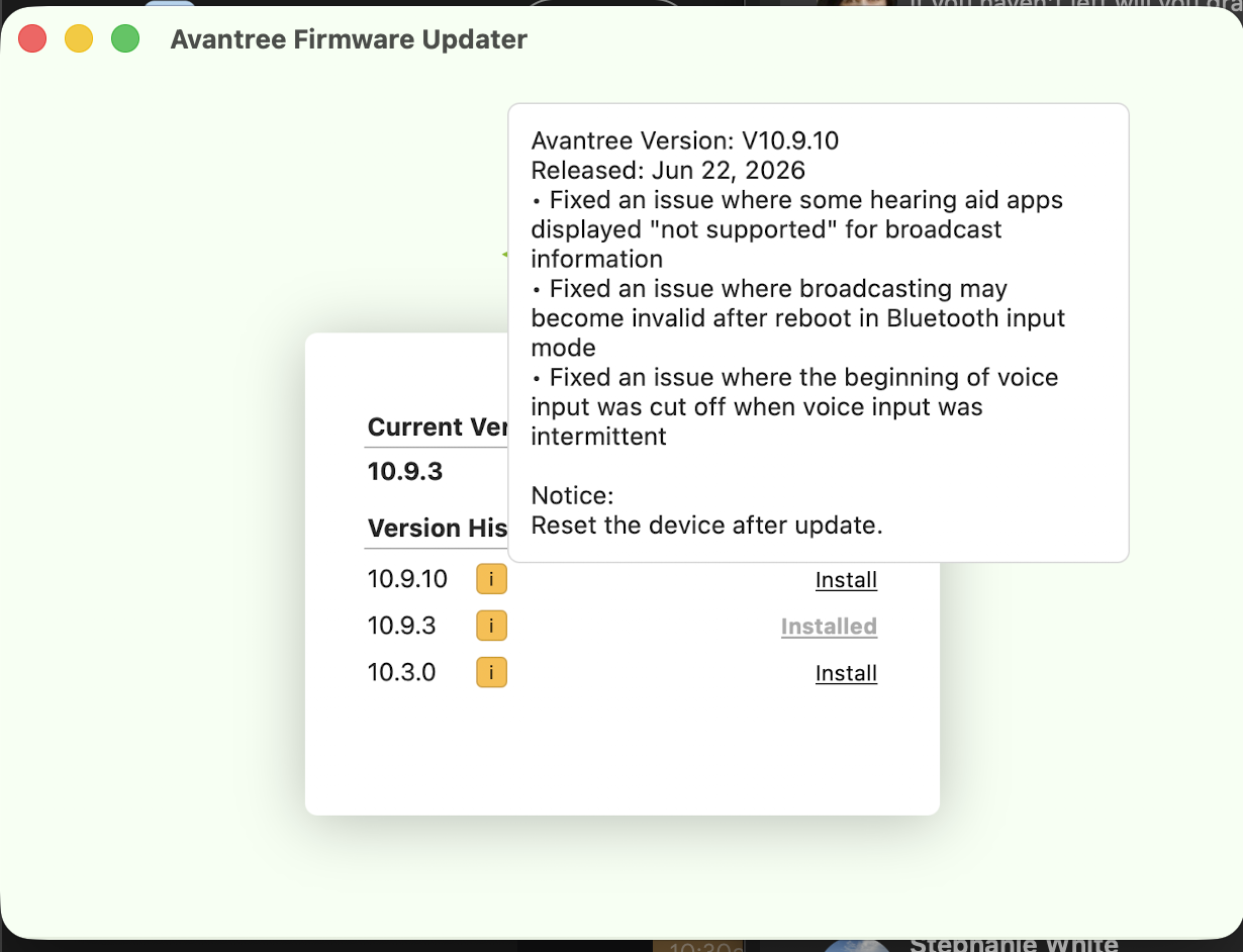 Screenshot of Avantree Firmware Updater window displaying software version information, update details, and installation options.