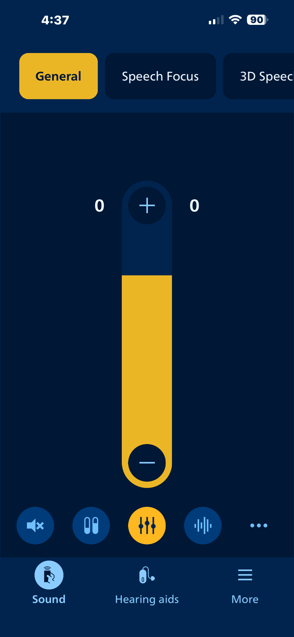 Smartphone screen showing audio settings with a volume slider at zero, labeled 'General,' 'Speech Focus,' and '3D Speech,' and icons for sound control, hearing aids, and more at the bottom.
