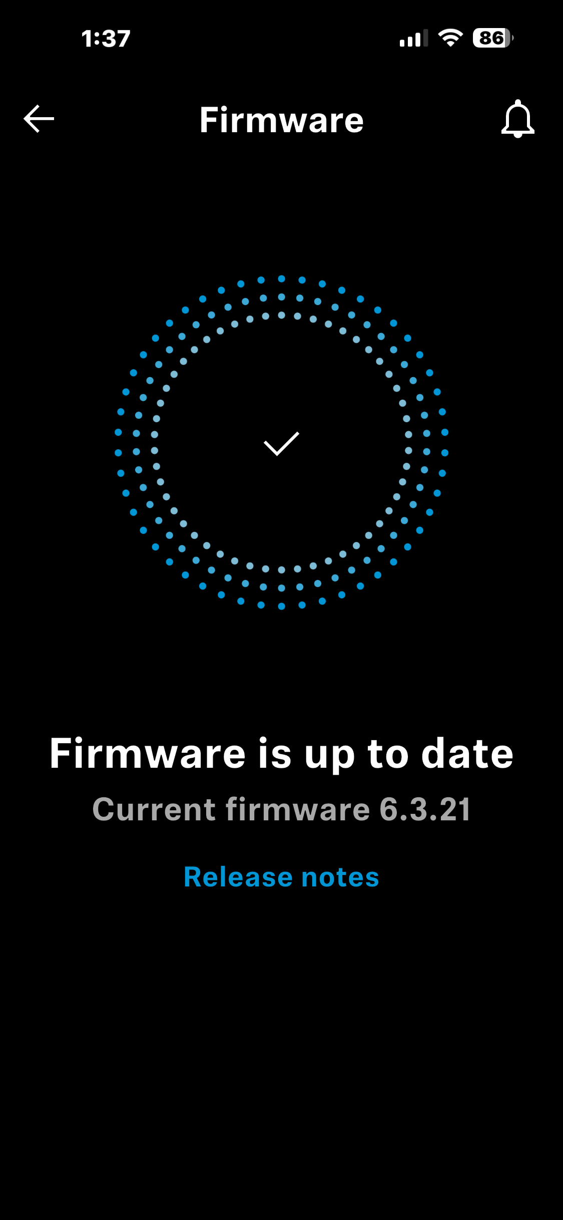 Mobile device screen showing firmware update status, indicating that the firmware is up to date with version 6.3.21, and providing an option for release notes.
