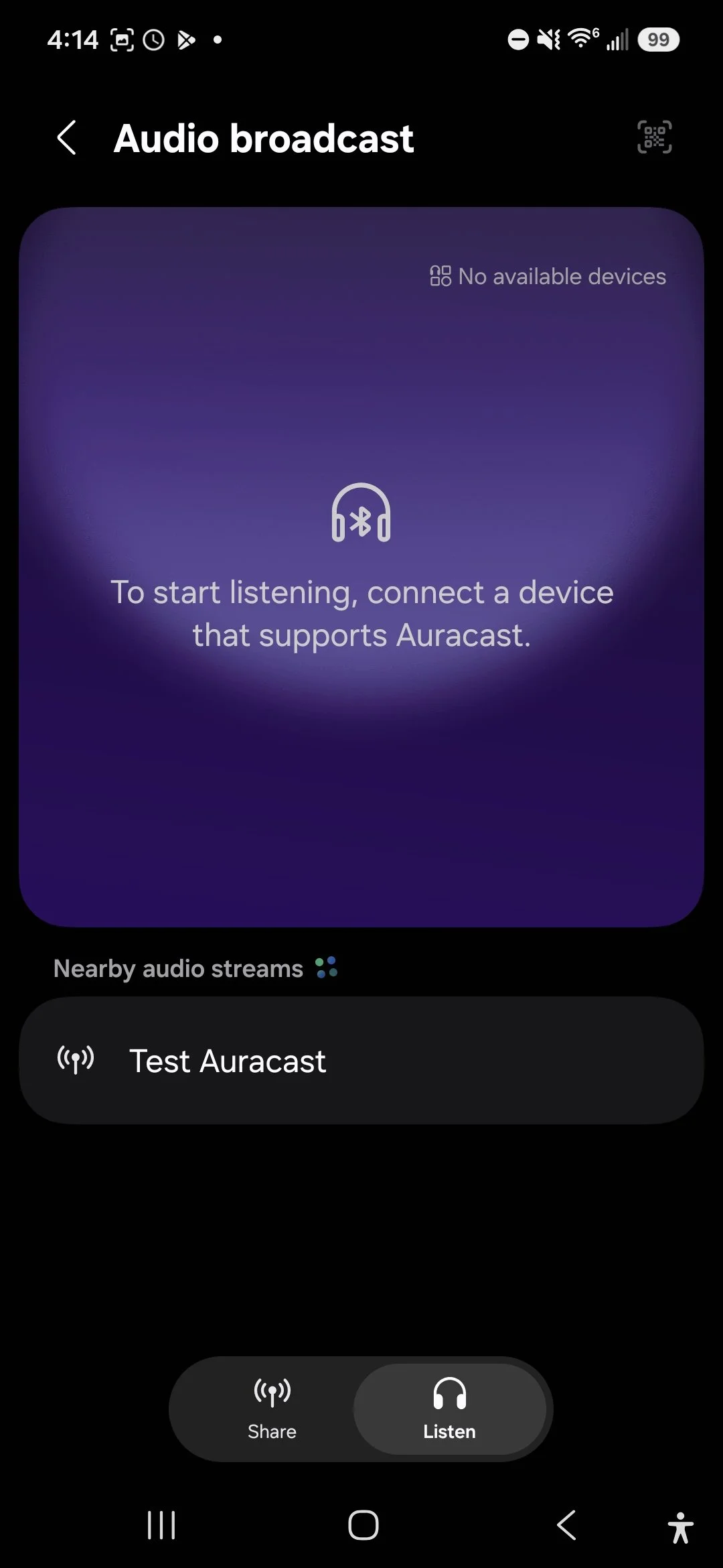 Mobile phone screen showing the 'Audio broadcast' app interface with a message to connect a device that supports Auracast, and a button labeled 'Test Auracast'.