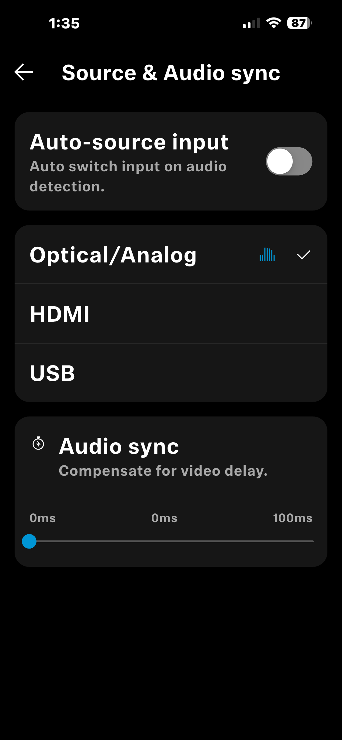 Screen showing audio source and synchronization settings, with options for auto-source input, optical/analog, HDMI, USB, and audio sync adjustment slider.