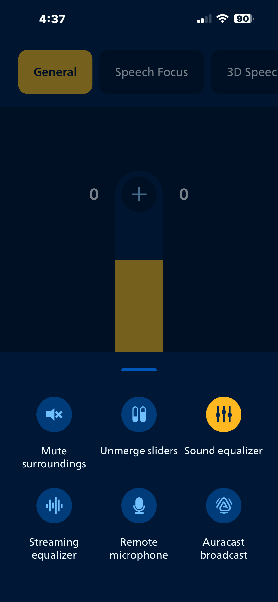 A mobile app interface for adjusting audio settings, featuring controls for general, speech focus, and 3D sound. Slider in the center for volume or level adjustment. Bottom menu includes options for muting surroundings, unmerging sliders, sound equal