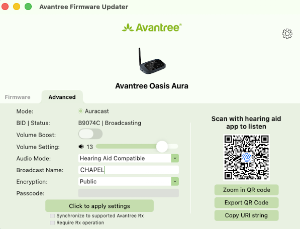 Screenshot of Avantree Oasis Aura firmware updater software with QR code, settings, and controls for audio broadcast