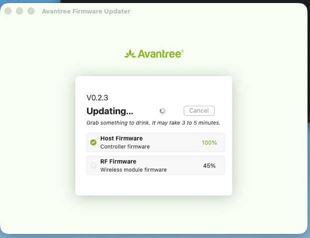 Screenshot of Avantree Firmware Updater software showing version V0.2.3 updating controller firmware to 100% complete and wireless module firmware at 45%.