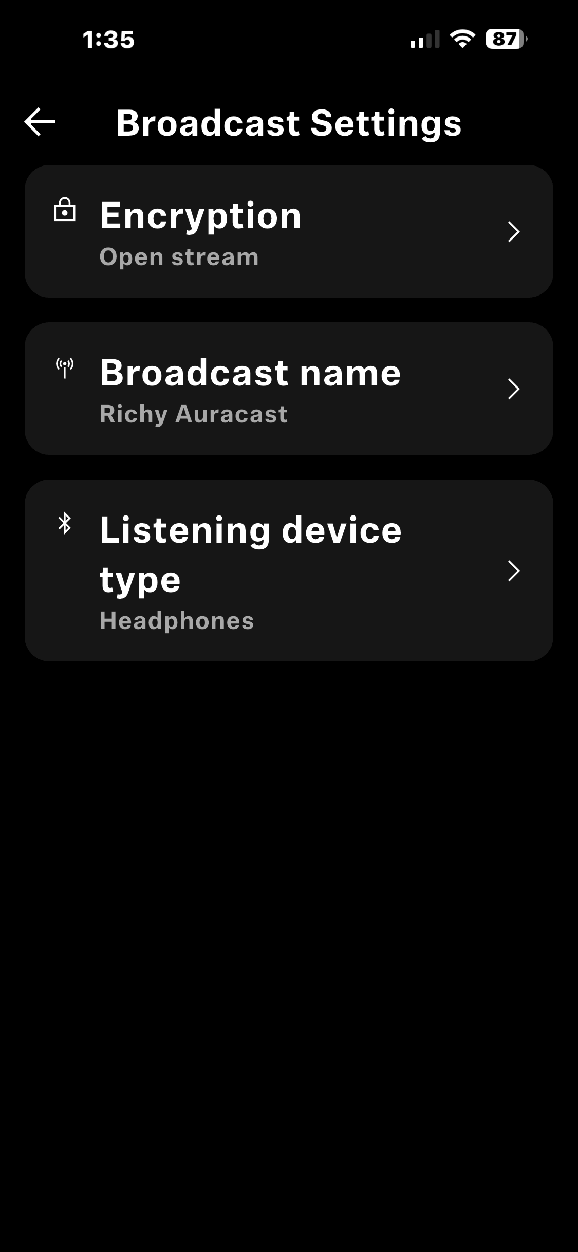 Mobile phone screen displaying broadcast settings for a live stream, including encryption status as open stream, broadcast name as Richy Auracast, and listening device type as headphones.