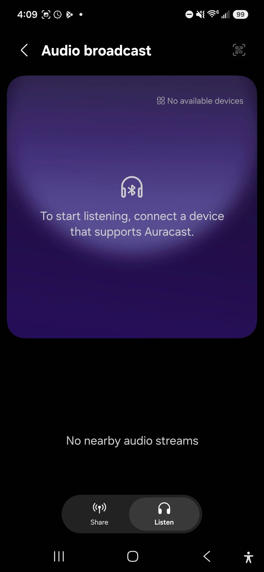 Smartphone screen displaying an audio broadcast app with the message: 'To start listening, connect a device that supports Auracast'. The top shows the time as 4:09 and icons indicating battery, Wi-Fi, and notifications. The bottom has options to shar