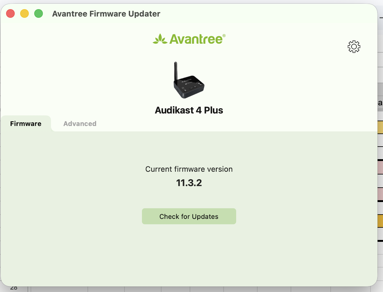 Software update screen for Avantree Audikast 4 Plus showing current firmware version 11.3.2 and an option to check for updates.