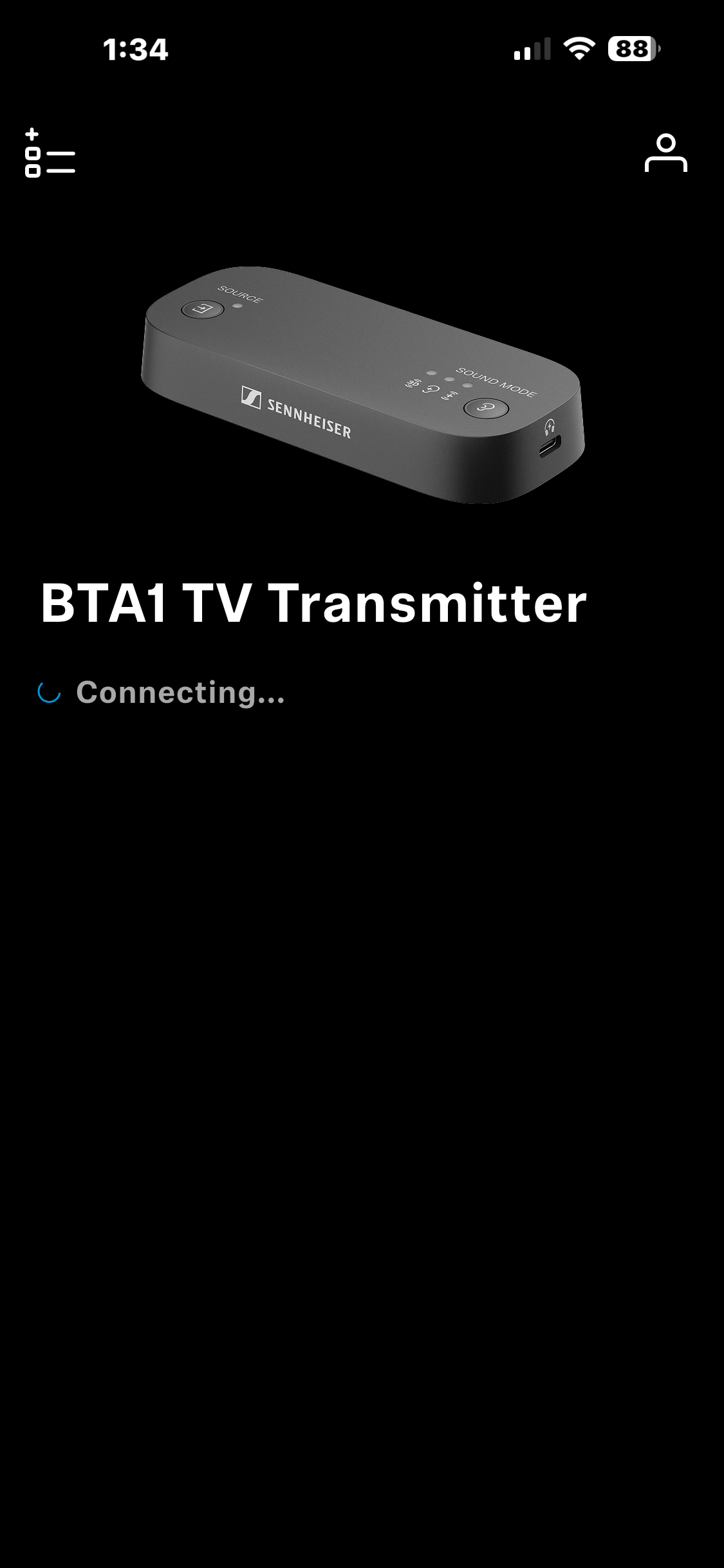 Black Sennheiser BTA1 TV transmitter device with LED indicators and control buttons, connected via USB, displaying a connecting screen on a smartphone