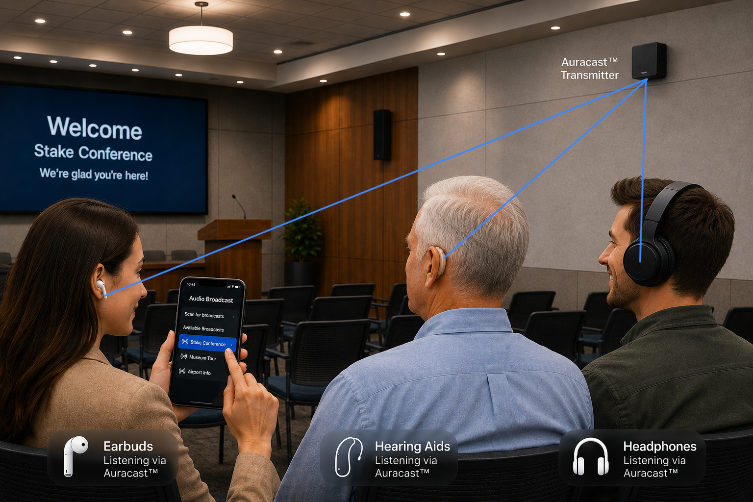 People attending a conference wearing hearing aids, earbuds, and headphones connected to an Auracast transmitter, with a screen displaying 'Welcome Stake Conference'