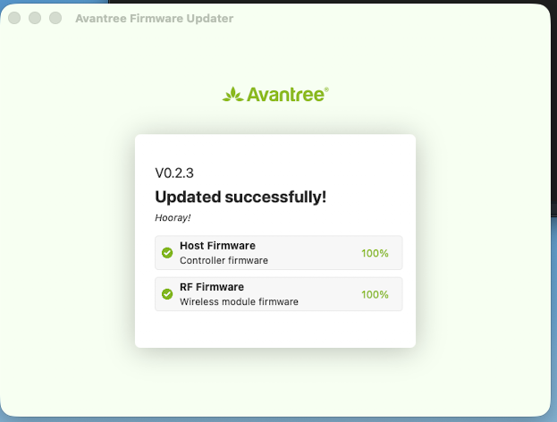 Screenshot of Avantree firmware updater confirming successful update with version 0.2.3, showing 100% completion for host firmware and RF firmware.