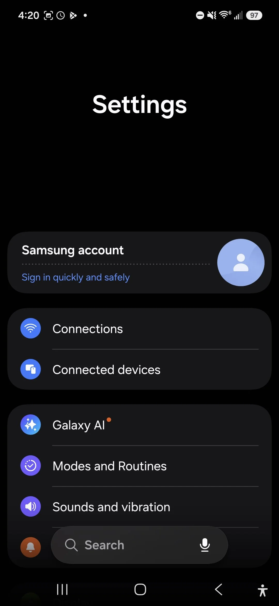 Samsung Settings menu on a smartphone screen with options for Samsung account, Connections, Connected devices, Galaxy AI, Modes and Routines, Sounds and vibration, and Search bar at the bottom.