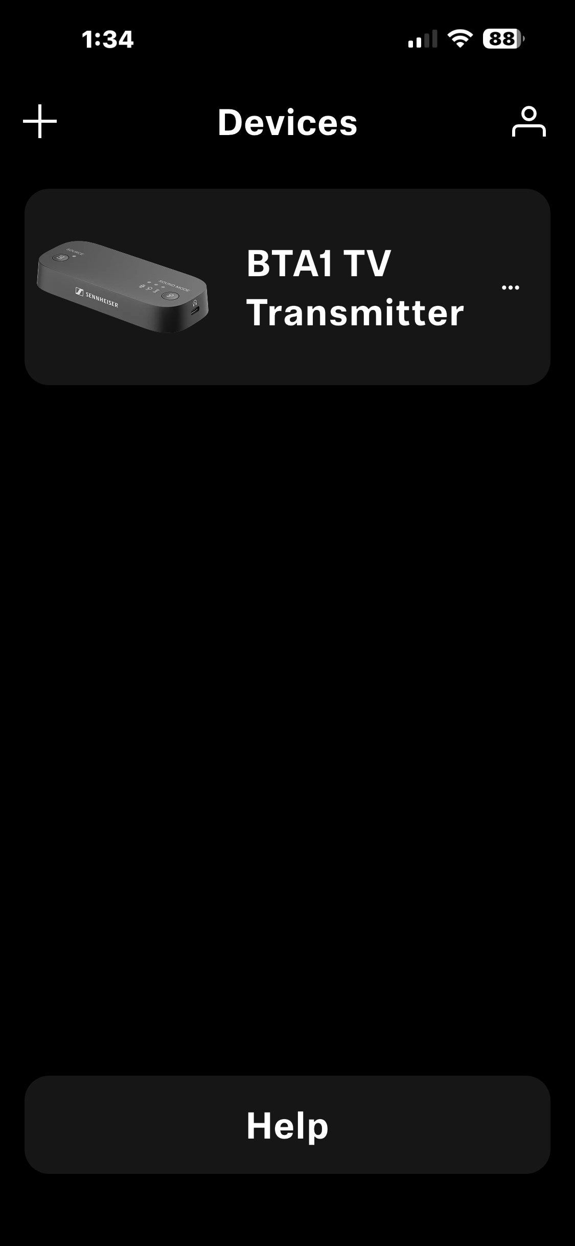 Mobile device screen displaying a list of smart home devices, with an item labeled 'BTA1 TV Transmitter' and an option to get help.