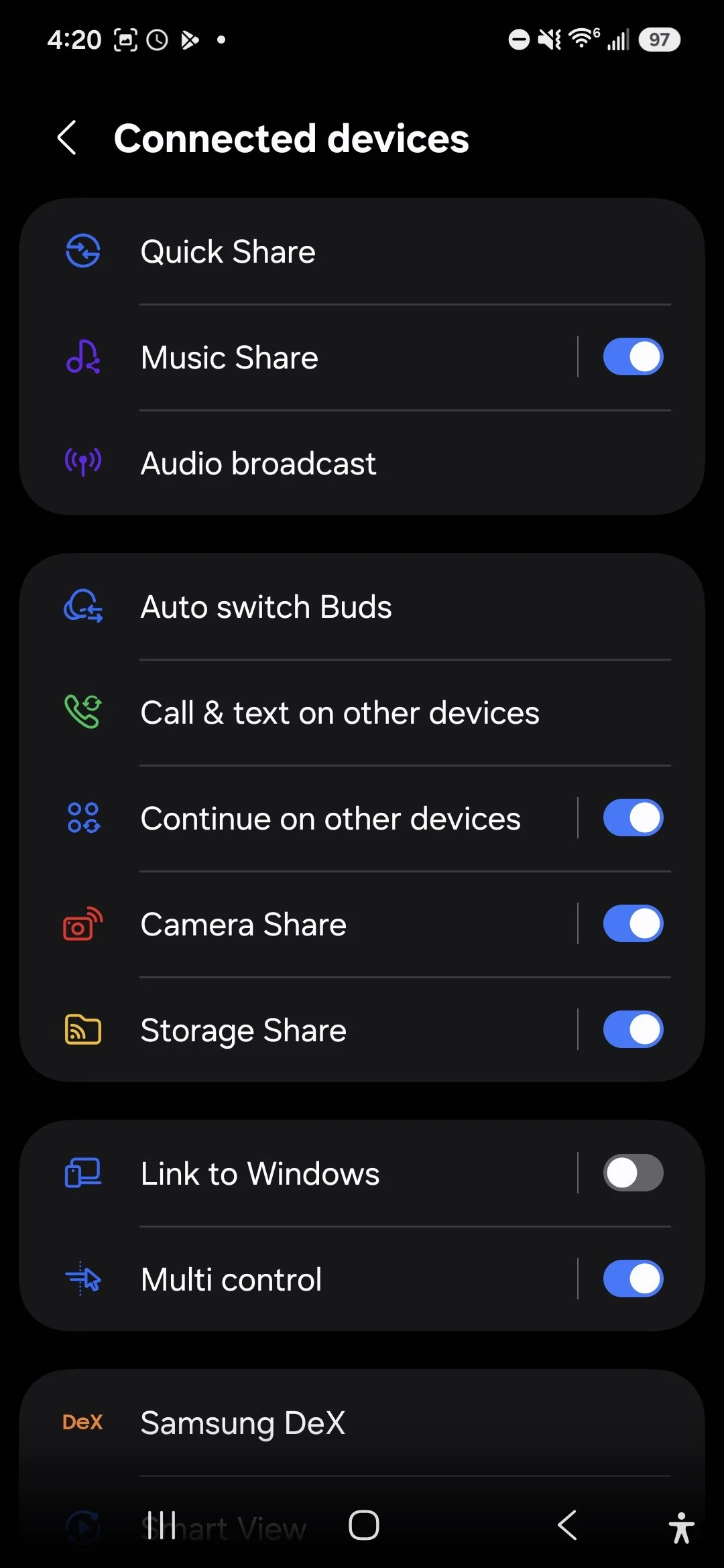 A screenshot of a smartphone settings menu titled 'Connected devices' showing various Bluetooth and sharing options, including 'Quick Share,' 'Music Share,' 'Audio broadcast,' 'Auto switch Buds,' 'Call & text on other devices,' 'Continue on other dev