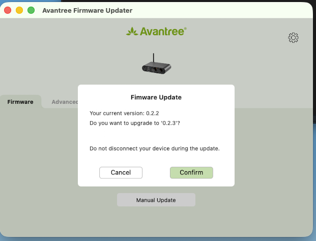 Screenshot of Avantree Firmware Updater window with a firmware update prompt, confirming upgrade from version 0.2.2 to 0.2.3.