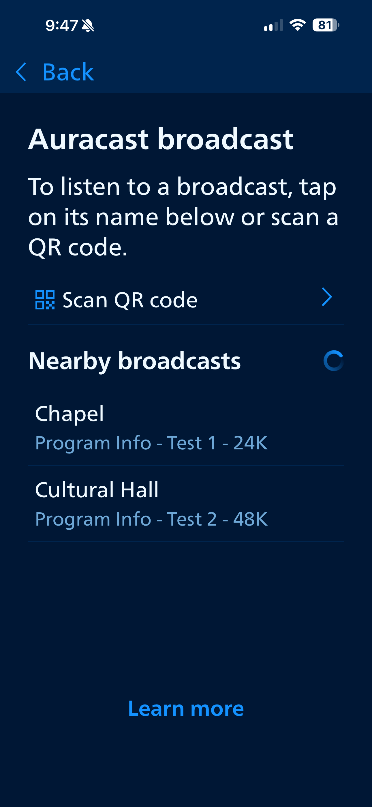 Screenshot of a mobile app showing a section titled 'Auracast broadcast' with options to scan QR code and nearby broadcasts of chapel and cultural hall with program info.