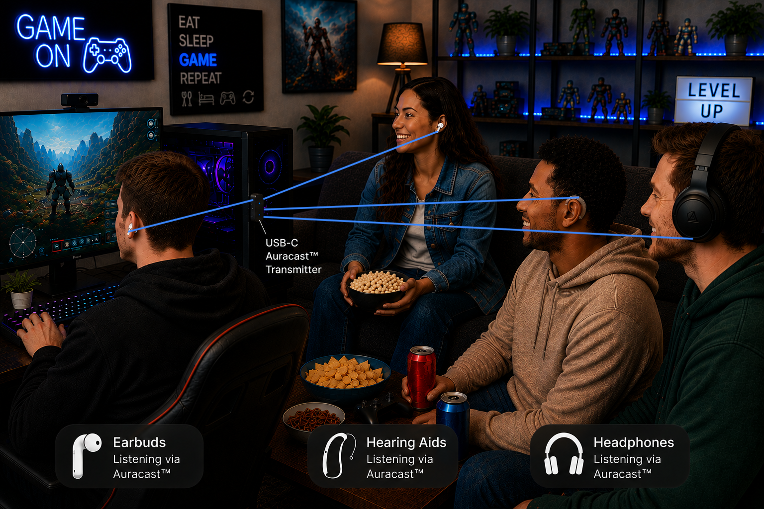 A group of four friends playing a video game together in a cozy room, with three of them wearing earbuds, hearing aids, or headphones connected via Auracast™ technology, enjoying a gaming session with snacks around.