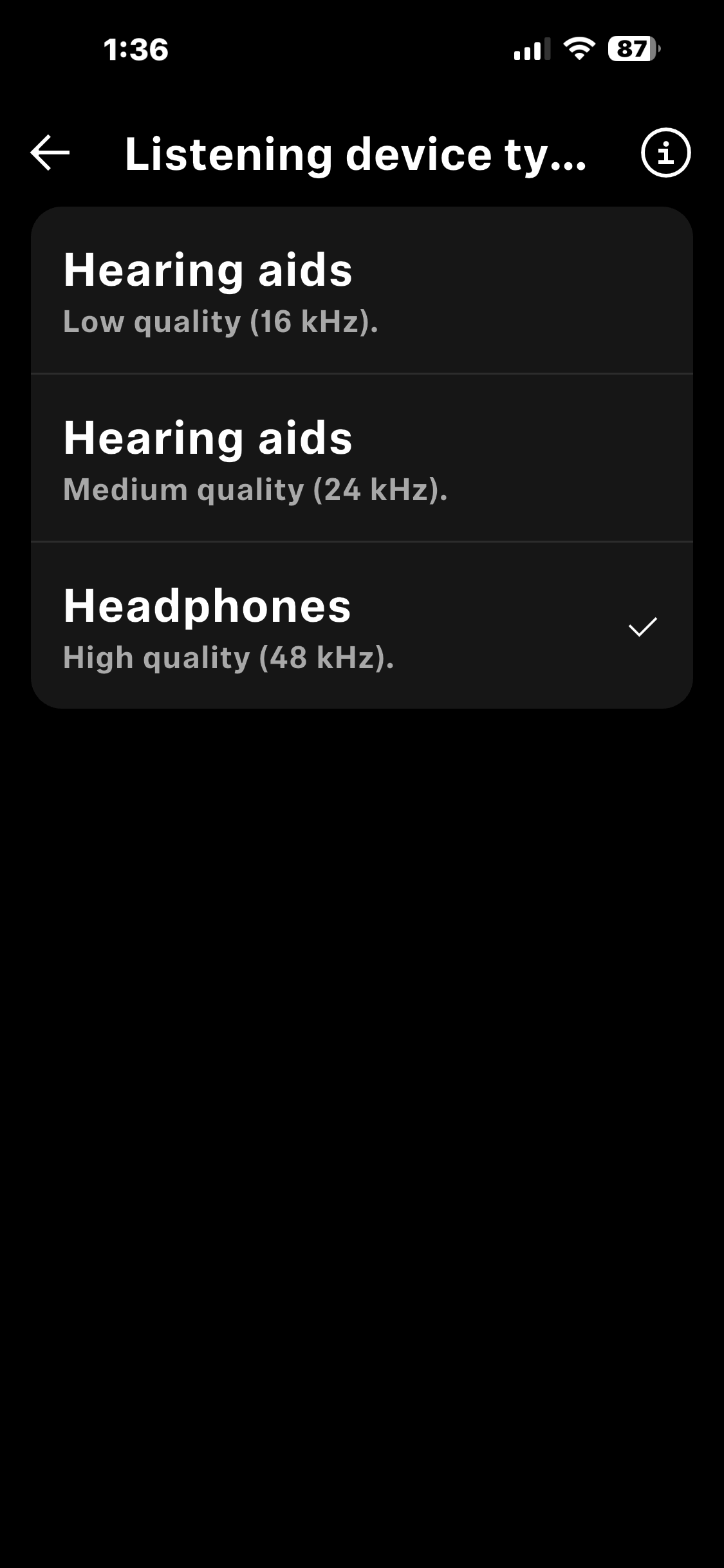 Screen showing settings for hearing aids and headphones with different quality options: low, medium, and high.
