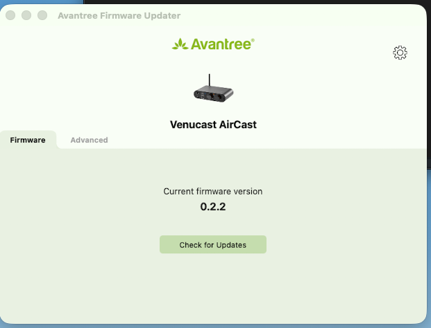 Screenshot of Avantree firmware updater for Venucast AirCast device showing firmware version 0.2.2 and a 'Check for Updates' button.
