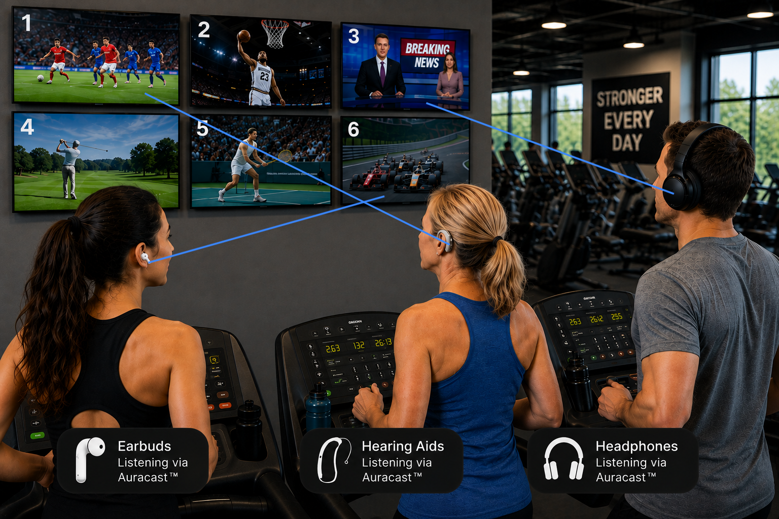 People working out in a gym, listening to a broadcast via different hearing devices: earbuds, hearing aids, and headphones, while watching sports on screens.
