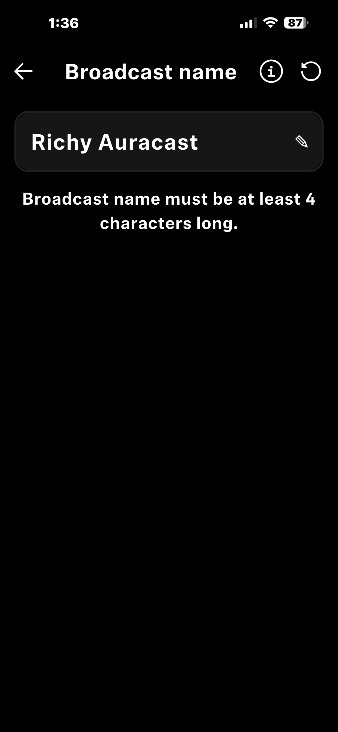 Mobile phone screen displaying broadcast creation interface with the broadcast name "Richy Auracast" and a note that the name must be at least 4 characters long.