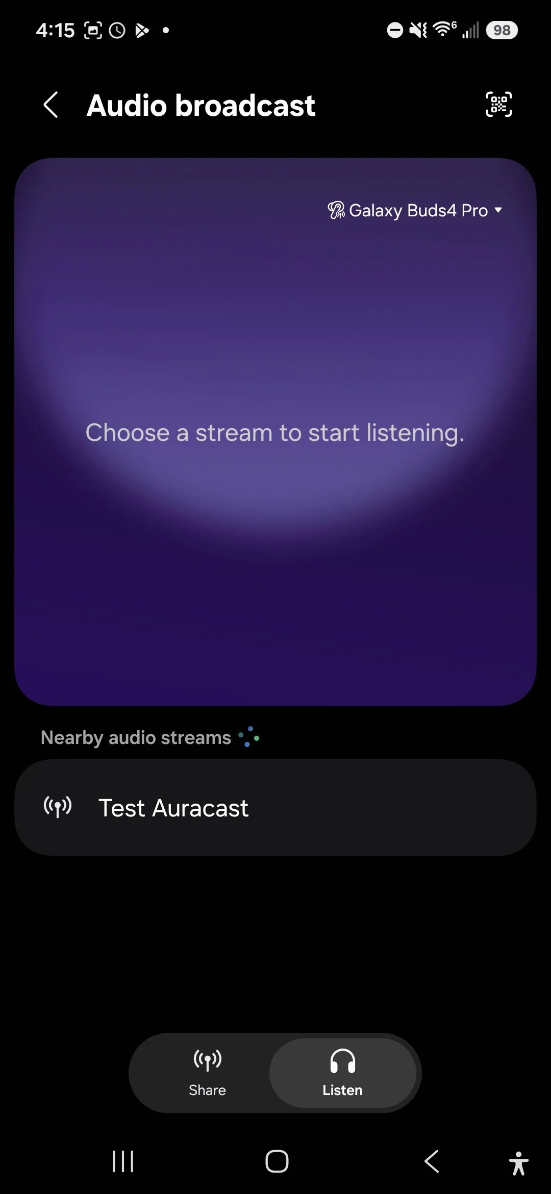Mobile phone screen showing a music app with the title 'Audio broadcast' and an option to select 'Galaxy Buds4 Pro' for listening, with nearby audio streams and a button to listen or share.
