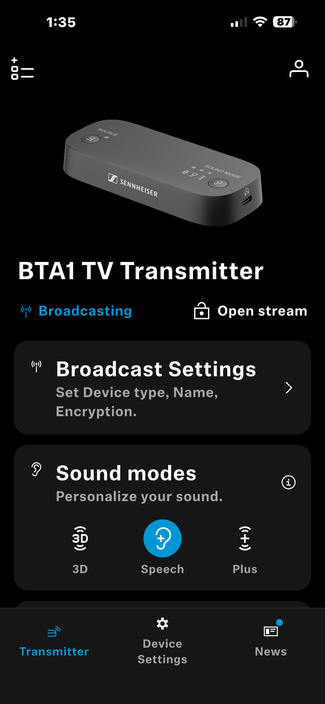 A smartphone screen displaying an app for a Sennheiser BTA1 TV transmitter with options for broadcasting, broadcast settings, and sound modes, including 3D, speech, and plus settings.