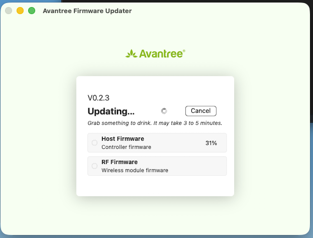 Screenshot of Avantree Firmware Updater software updating process, showing version 0.2.3 and progress at 31%, with a cancel button.