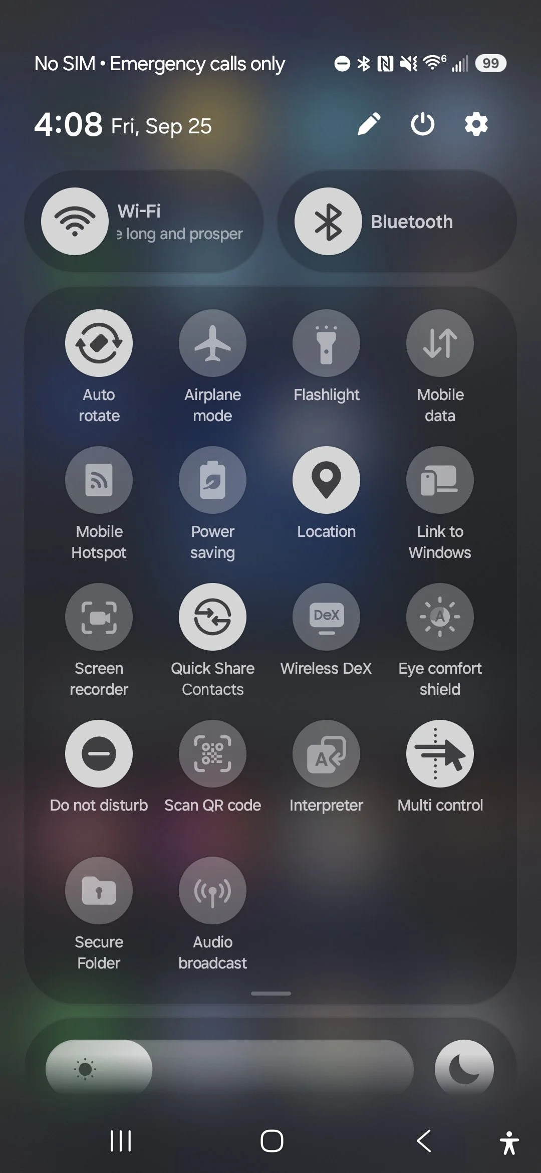 Android phone control panel showing options such as Wi-Fi, Bluetooth, Airplane mode, Flashlight, Mobile data, Hotspot, Power saving, Location, Link to Windows, Screen recorder, Quick Share, Wireless DeX, Eye comfort shield, Do not disturb, Scan QR co