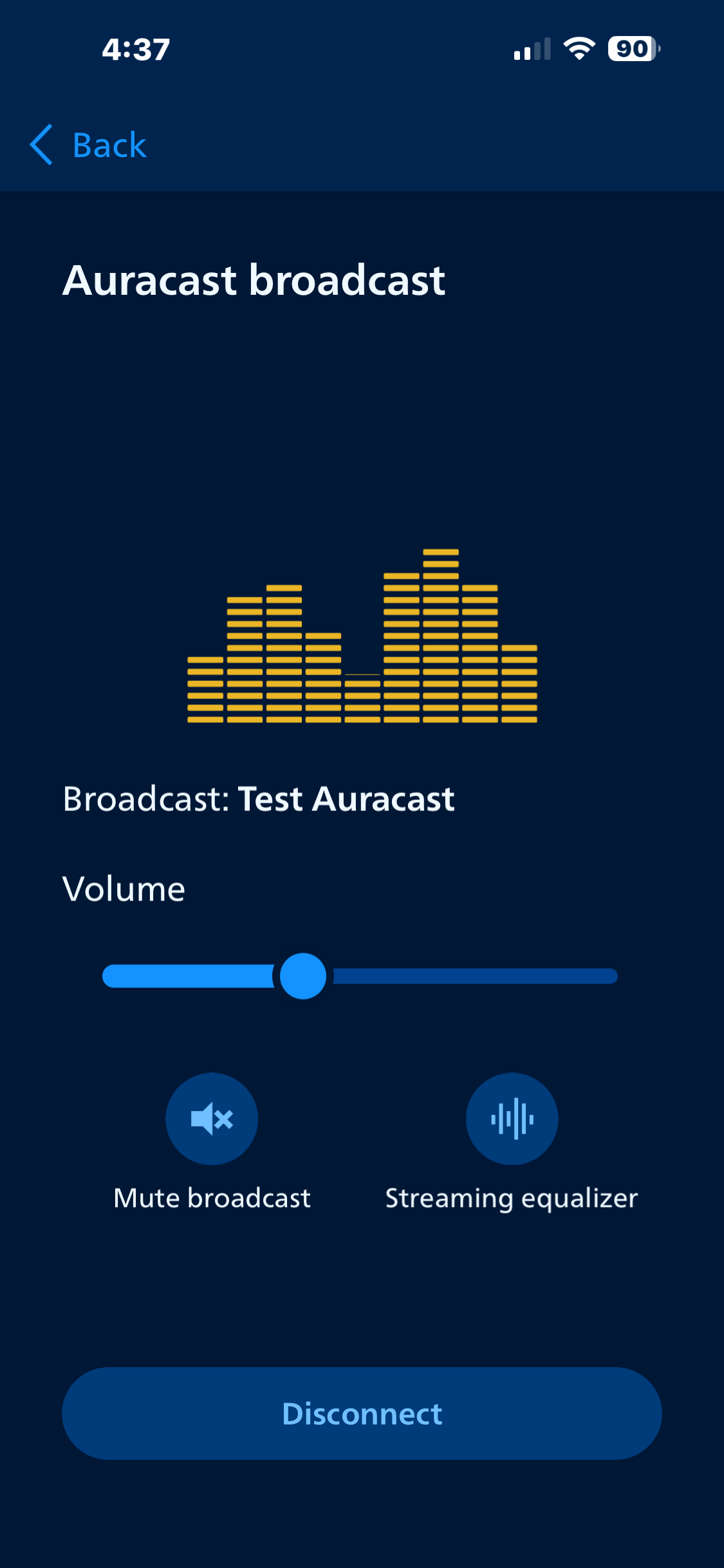Mobile app screen showing an audio broadcast control panel for Auracast with a volume slider, mute and equalizer options, and a disconnect button.