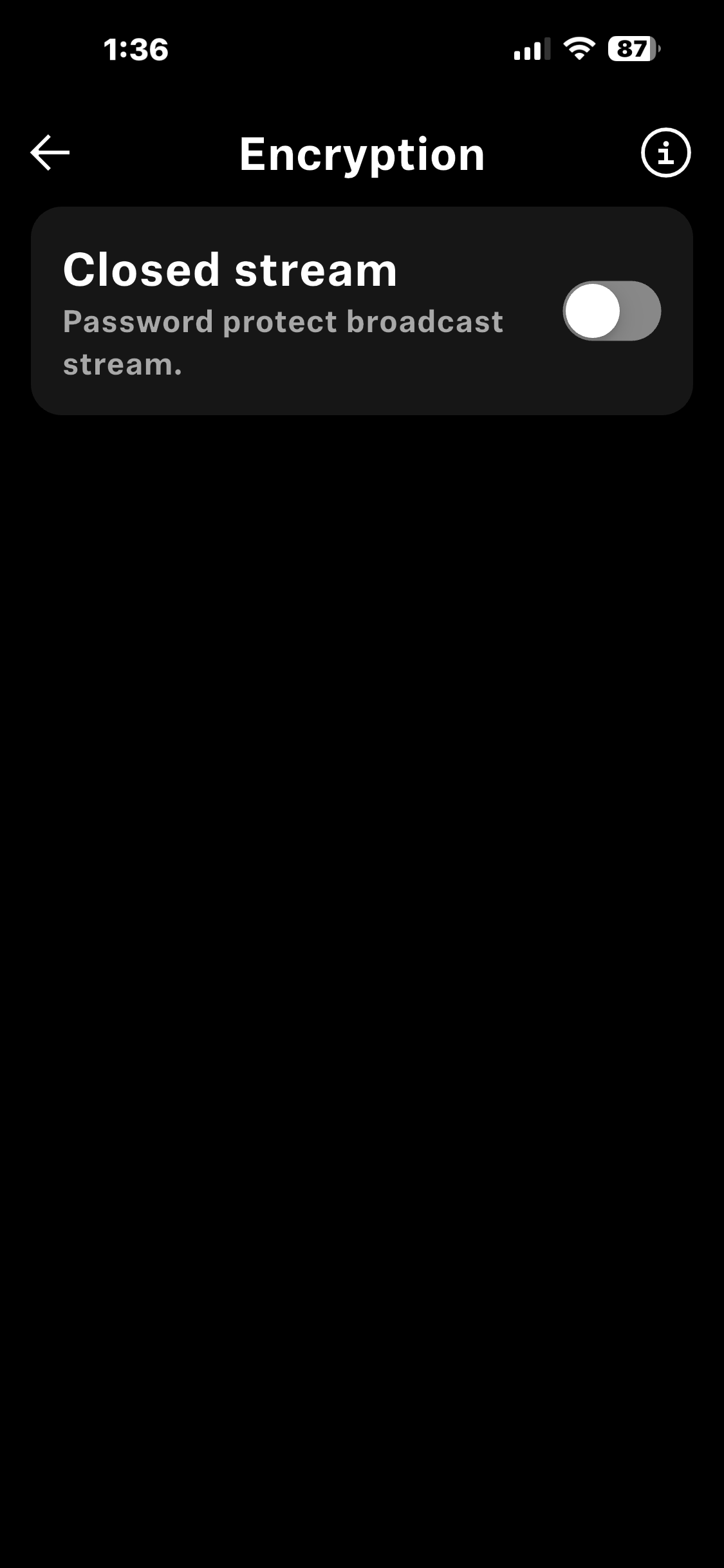 Screenshot of encryption settings on a mobile phone, showing an option for a closed stream with a toggle switch.