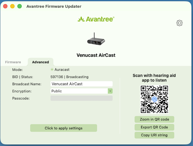 Screenshot of Avantree firmware updater for Venucast AirCast, showing firmware mode, status, broadcast name, encryption, and passcode settings, with options to scan QR code, zoom, export, and copy URL.
