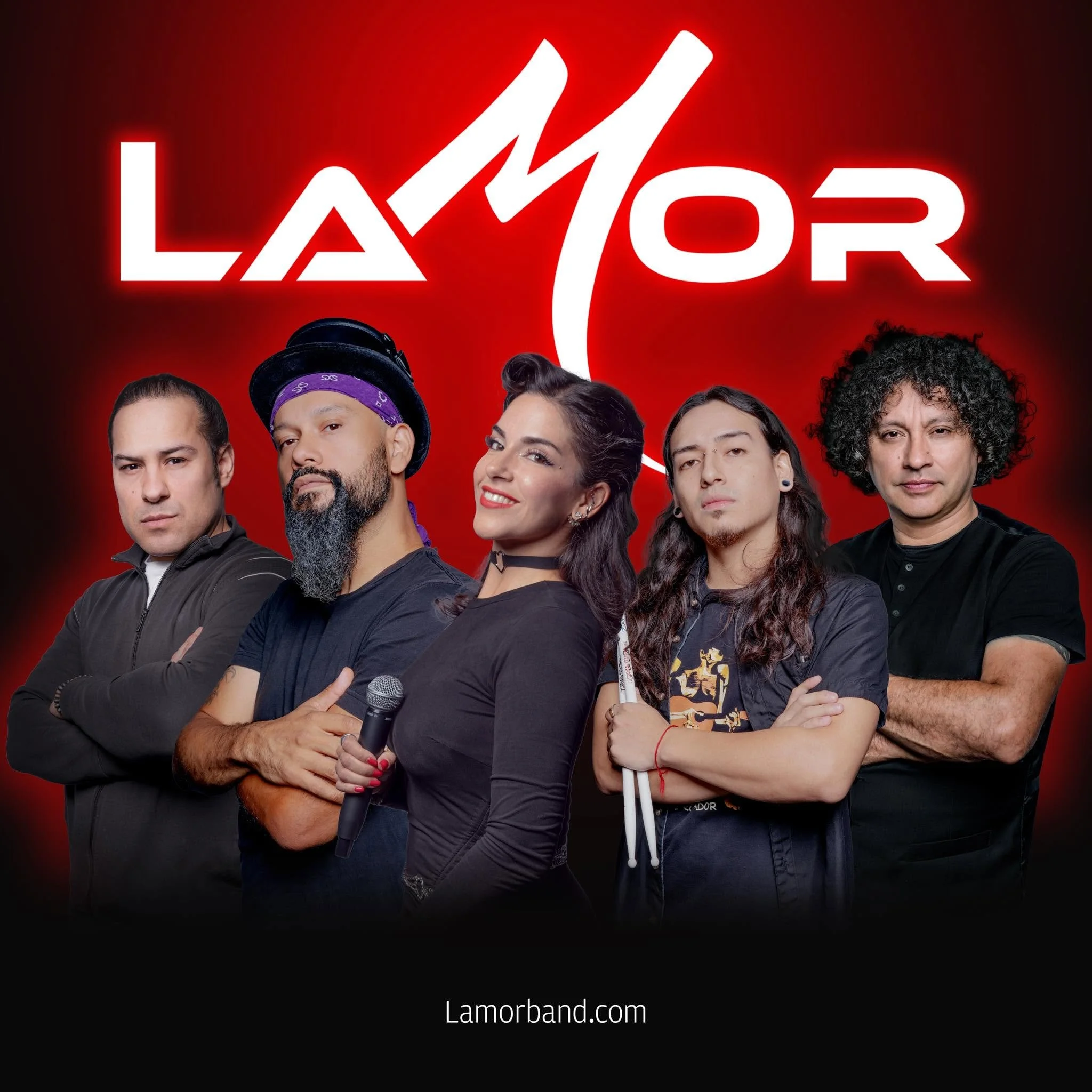 Group of six diverse individuals standing against a red background with a large logo that says 'Lamorband.com'.